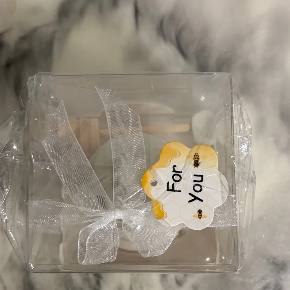 Bee Happy Honey Pot with Dipper - White Ceramic set of 12